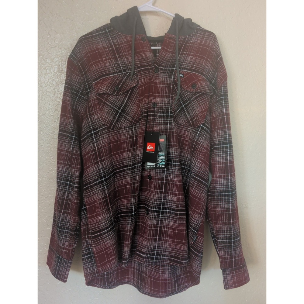 Quiksilver Mens Large Maroon Red Plaid Grey Hood Flannel Shirt Jacket Hoodie